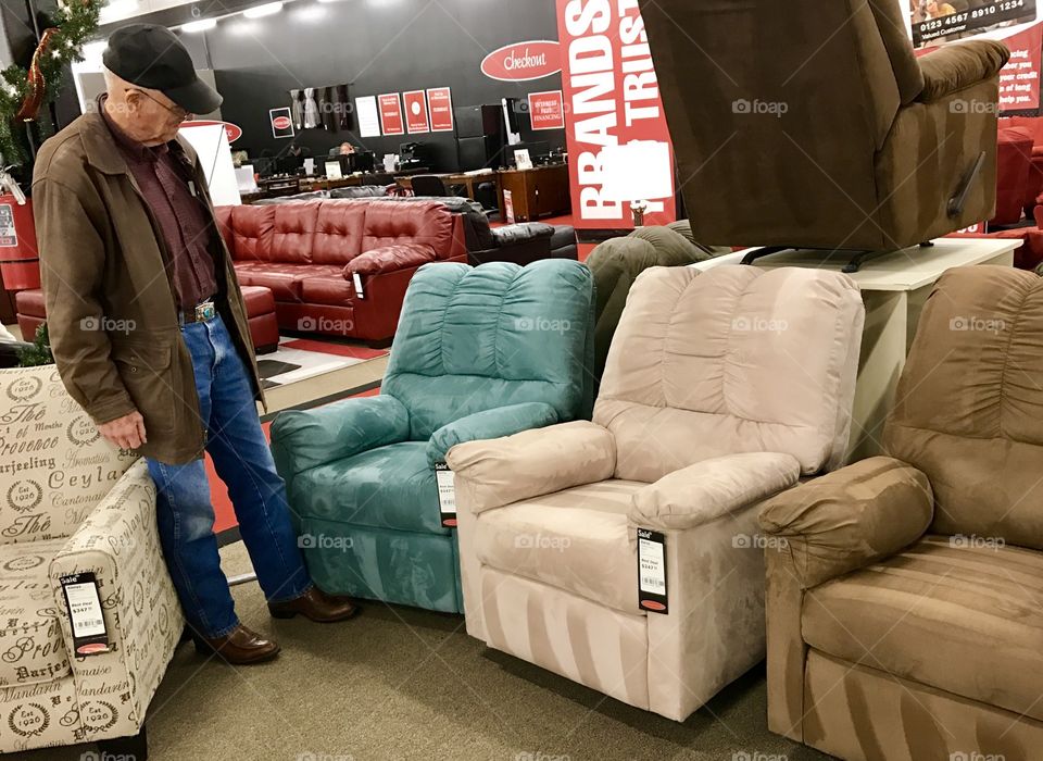 Furniture, shopping, man, elderly, old, new, color, fabric, upholstery, floor, light, sale, retail