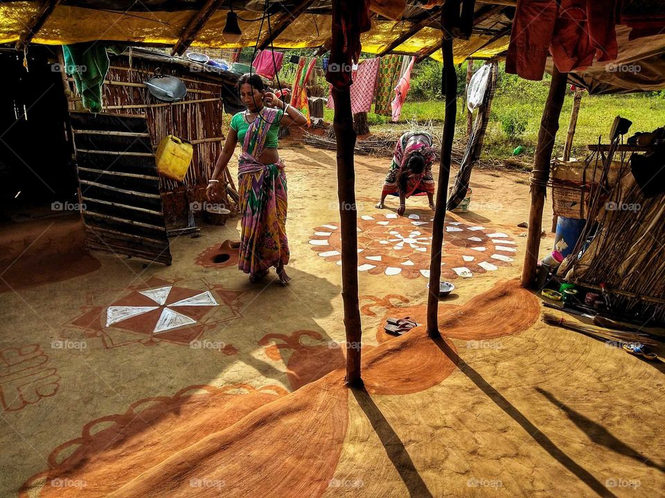 Tradional Alpona drawn by women, in a village of Orissa.