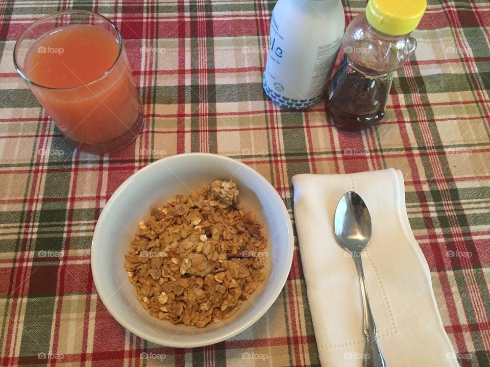 Breakfast! Great Grains cereal (pecan crunch! YUM), grapefruit juice, teaspoon of honey, and non-dairy milk! 