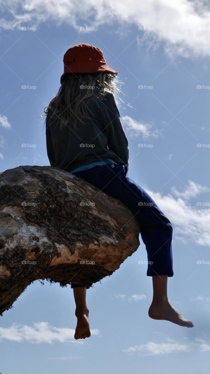 Kid sitting on a top of big tree brunch 