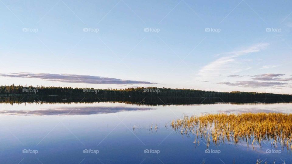Lakeview in Finland, midsummer, nightless night. Late evening in June, Lapland, Finland