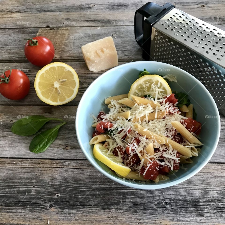 High angle view of pasta on wood