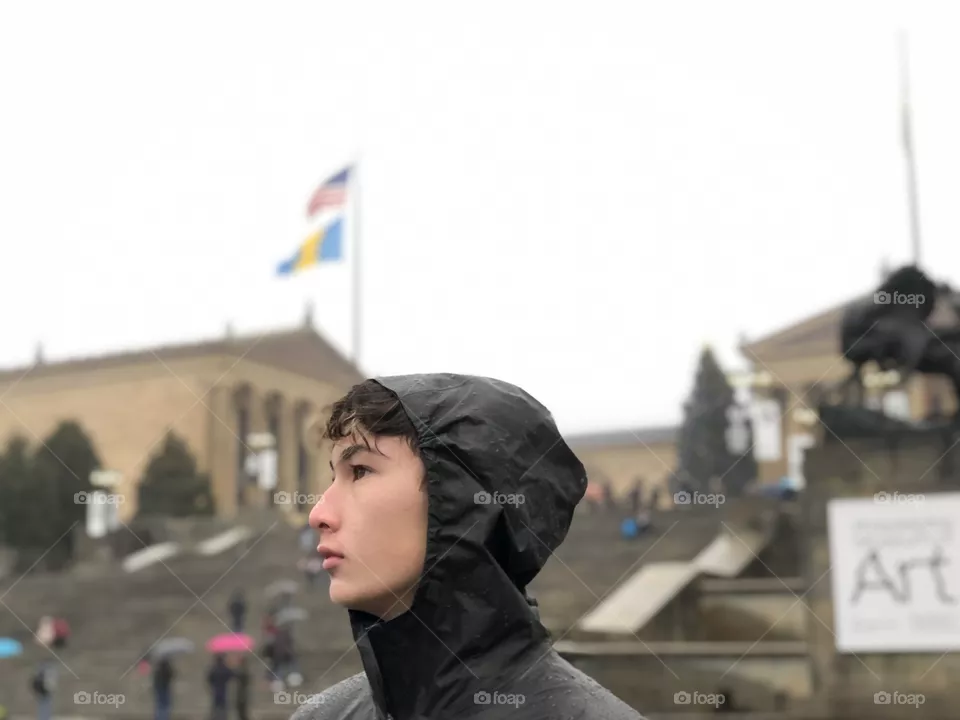 Rainy day sightseeing.  Museum of Art in Philadelphia, Pennsylvania. USA. December 2019. 