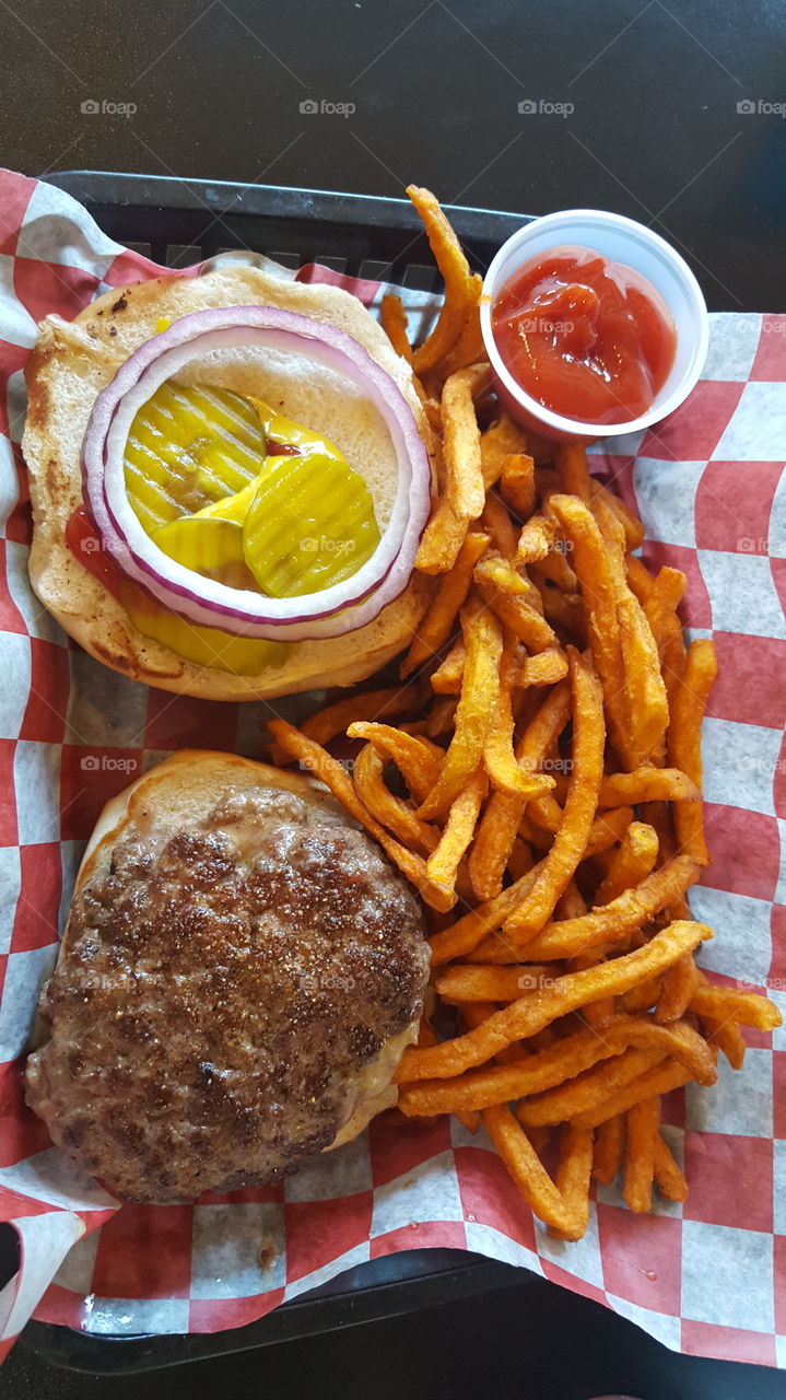burger and fries flat lay