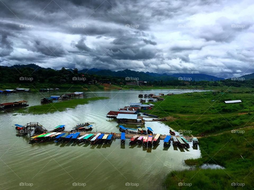 The green hilly landscape of Sangkhlaburi, Thailand. This region sits directly on the border with Myanmar.