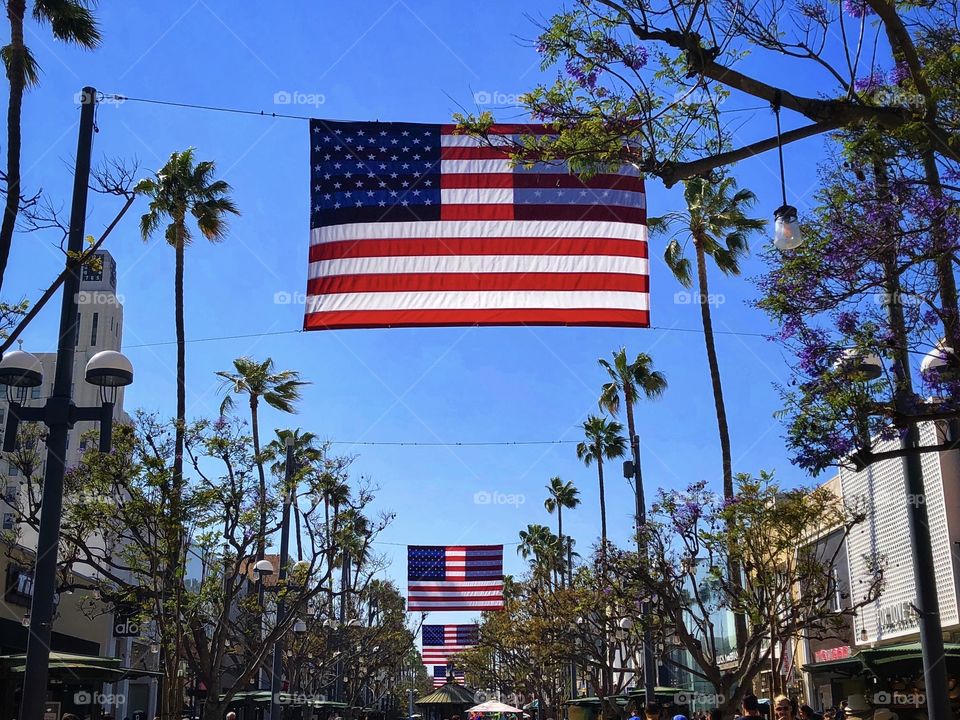 American flags on the Santa Monica downtown alley on the Memorial Day 