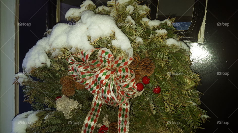 wreath, snow, Christmas, holiday, tree, winter