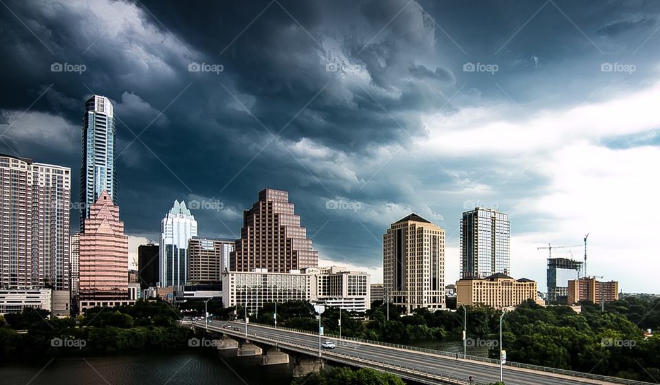 Storm rolling in over the Austin, Texas skyline. View from a private parking garage. 