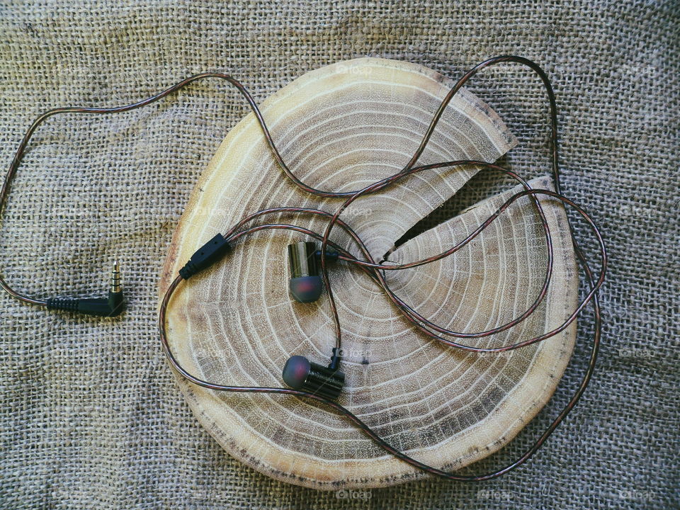 vacuum headphones on the cut of a cut tree