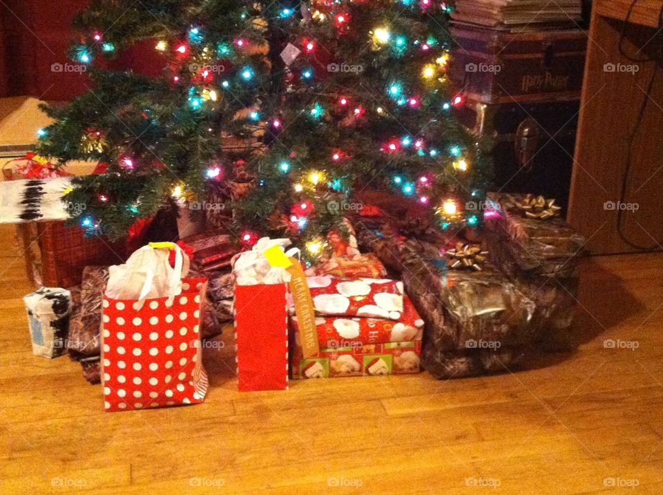 Christmas morning presents under the tree. 