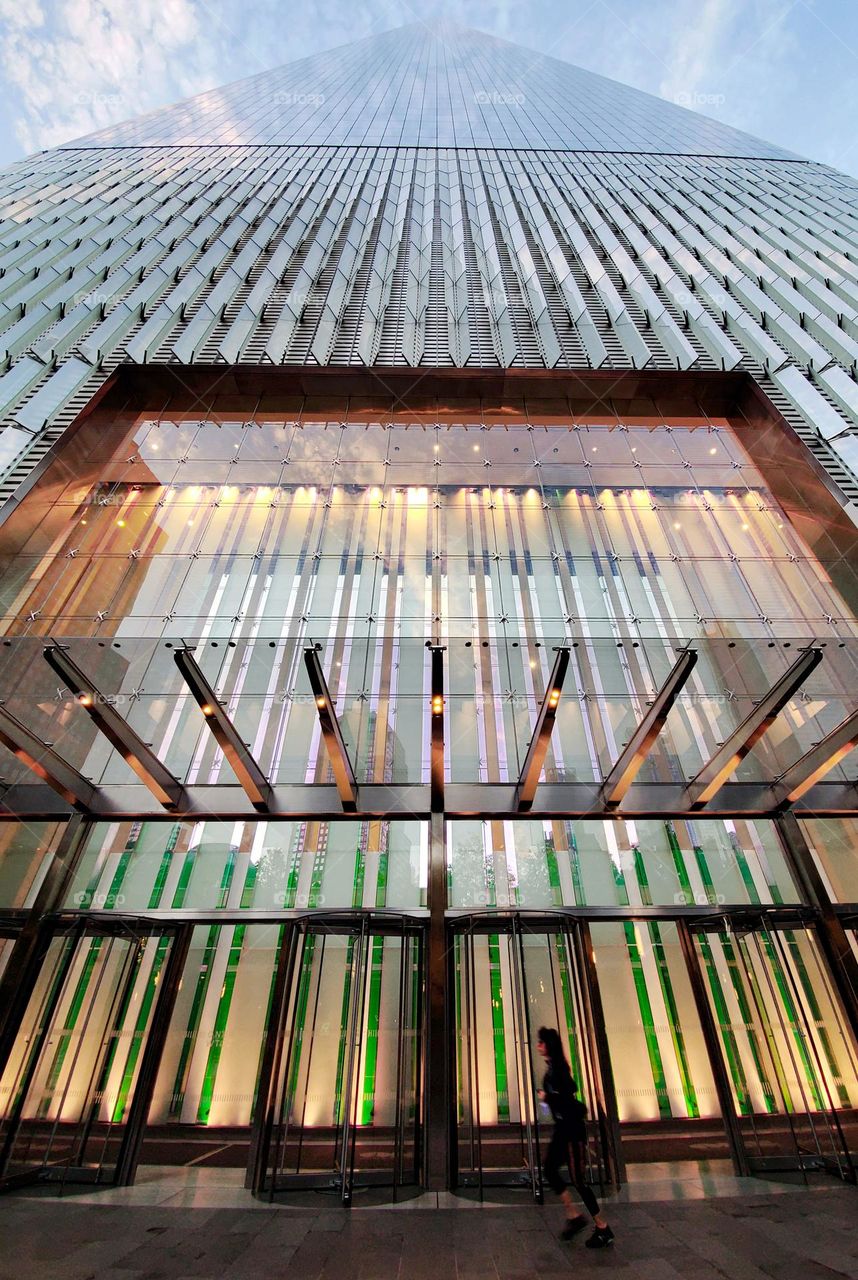 Ground level view looking up at Freedom Tower in New York City