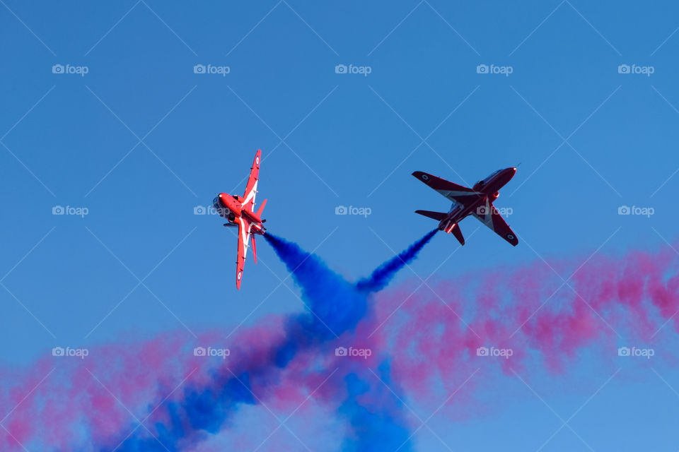 Helsinki, Finland - 9 June 2017: Red Arrows (The Royal Air Force Aerobatic Team) flying  aerobatics at the Kaivopuisto Air Show in Helsinki, Finland on 9 June 2017.