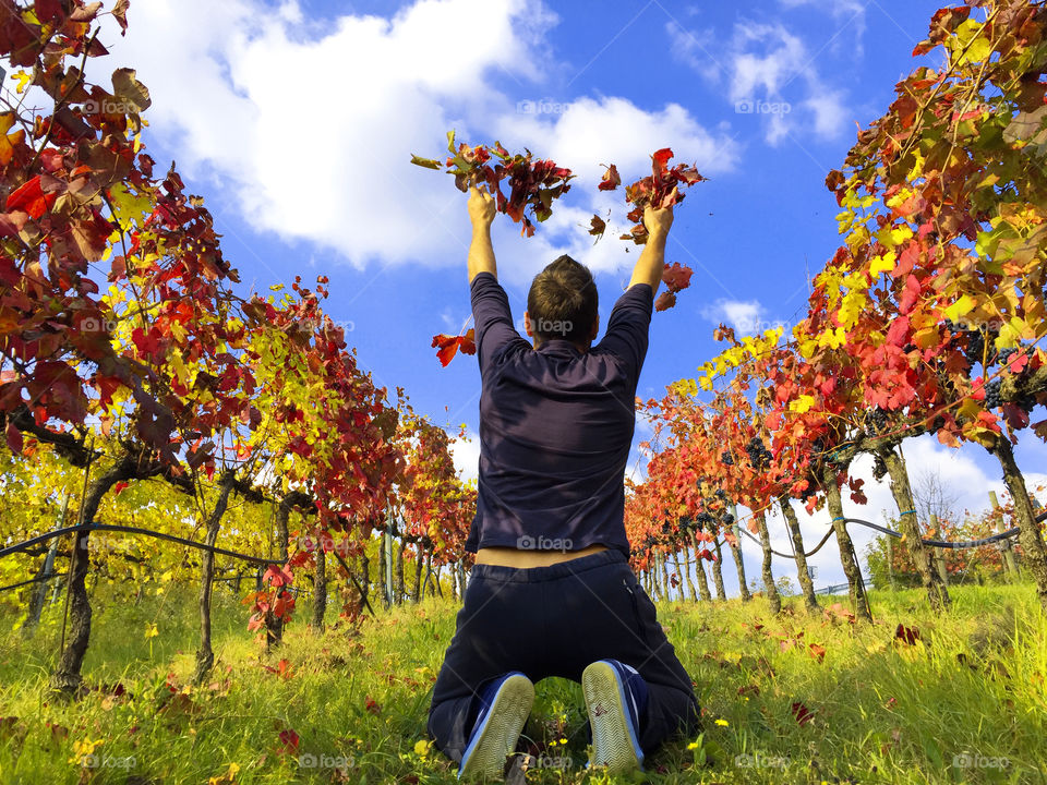 Man kneeling on grass throwing autumn leaf