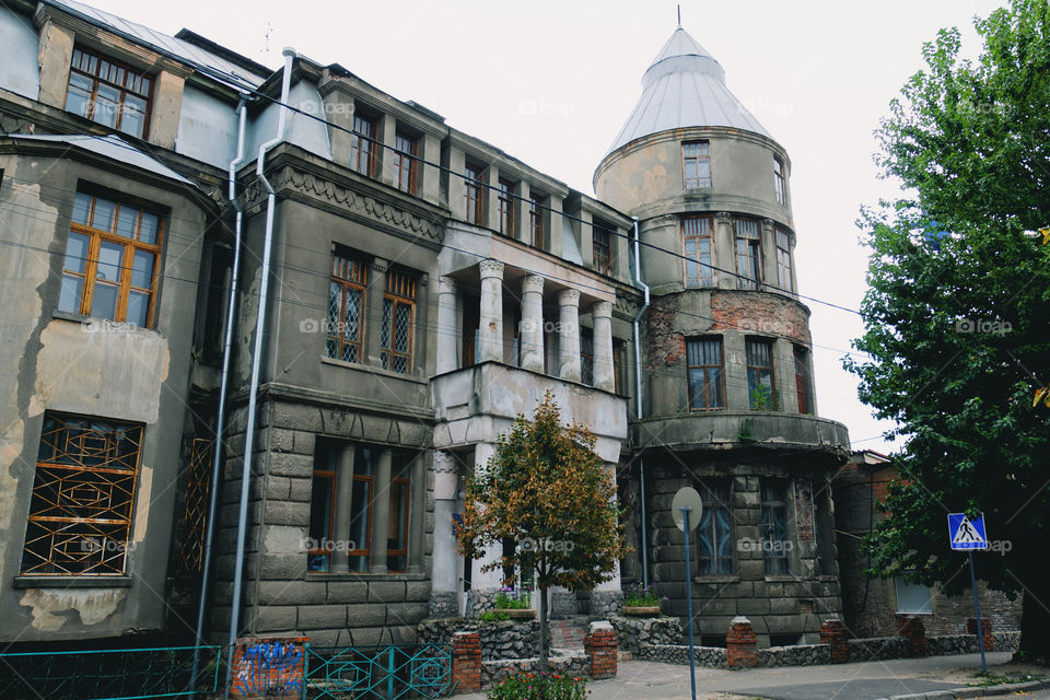 Urban city life. View Of the street, road, buildings in Kharkiv, Ukraine. Retro and vintage architecture