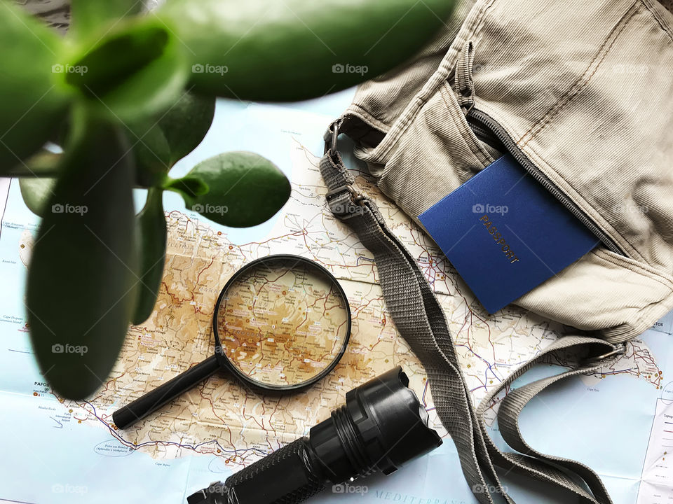 Travel items flat lay 