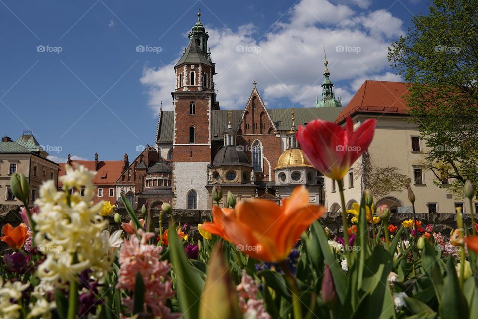 Church and spring flowers