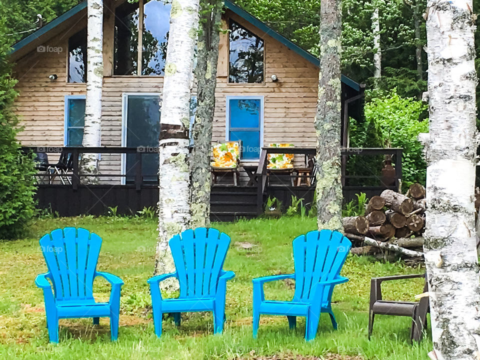 Country life, cabin, shack, lake house, Adirondack chairs, lawn chairs, Adirondack mountains, 