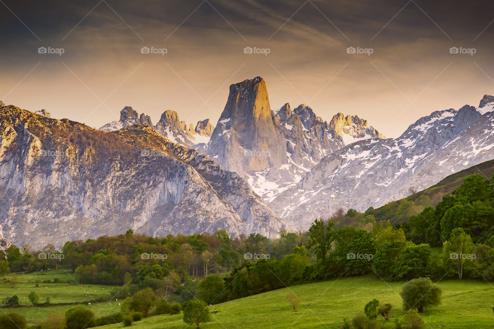 Amazing sunset over the mountains of Picos de Europe, Spain 