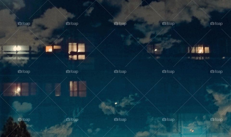 Night landscape in the city and reflections