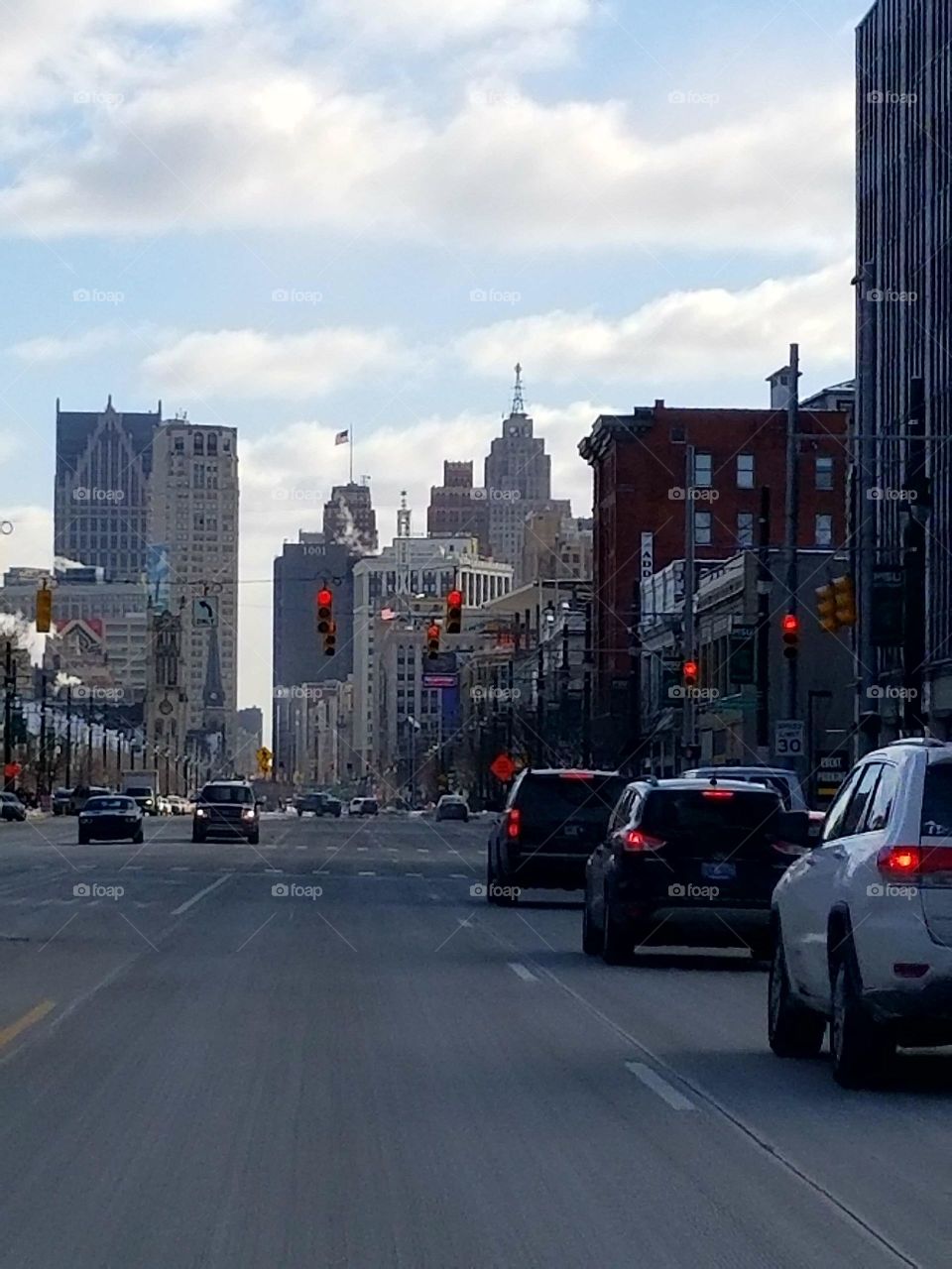 Cityscape of Downtown Detroit,  Michigan, in traffic