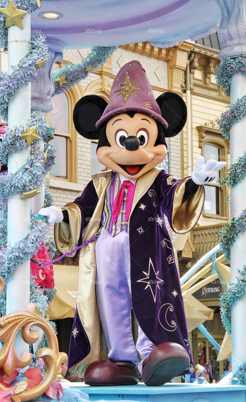 The Sorceror's Apprentice. Mickey Mouse dressed as the Sorceror's apprentice in the Disneyland Parade.