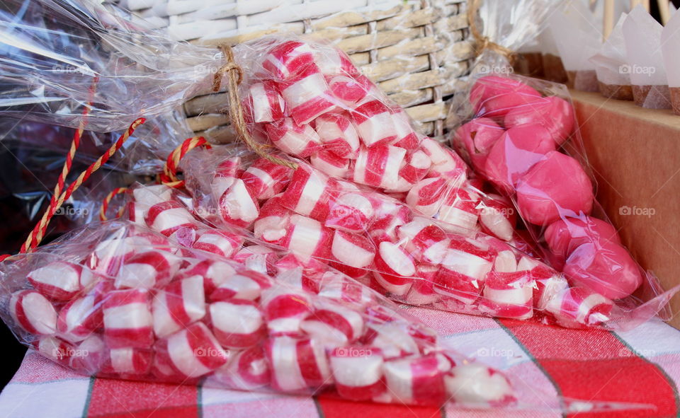 Polka candy, candy canes at christmas market.