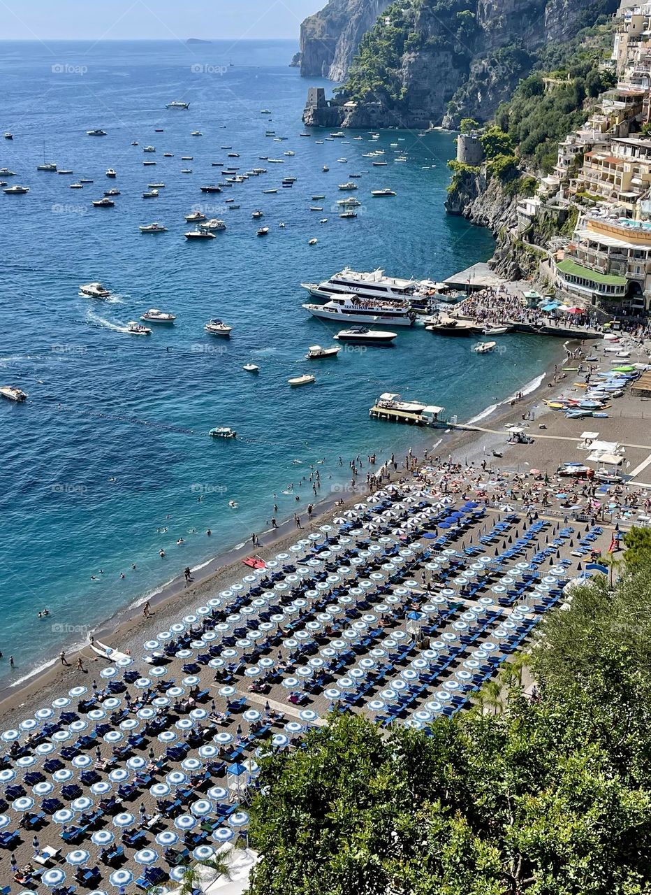 Top view of seaside beach in Pocitano Italy 