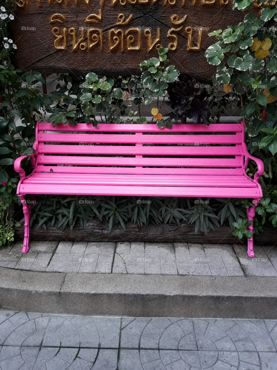 the new pink bench in front of government's office. There is wood board at its back said " welcome"