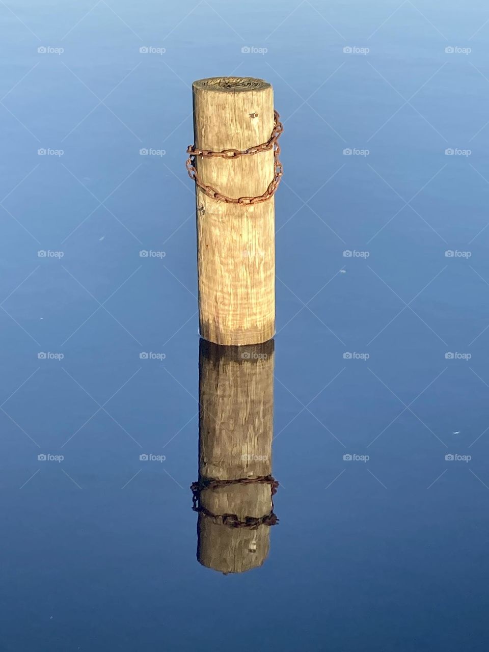 Post and reflection in lake