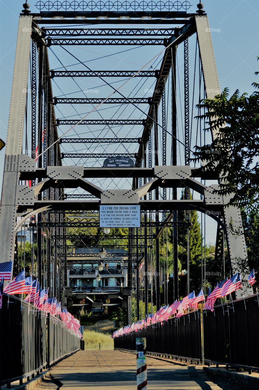 architectural engineering aligned with American flags.