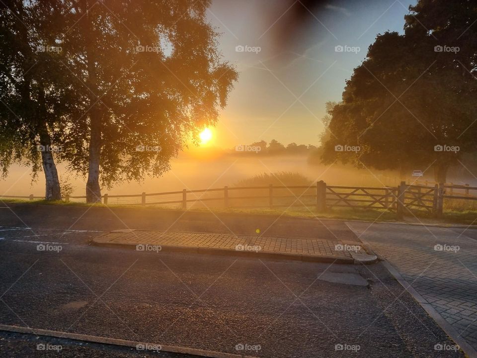 misty fields in front of ruined medieval house at sunrise