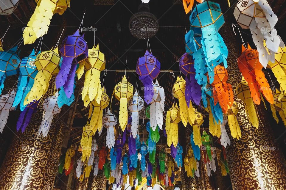 Paper lanterns at a temple in Chiang Mai, Thailand 