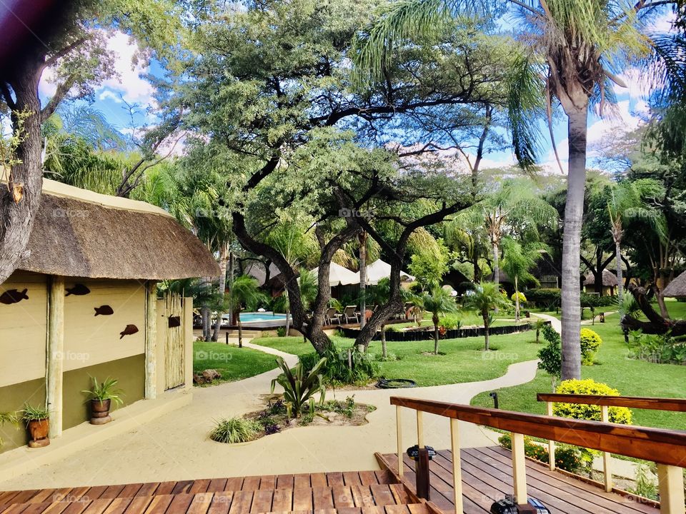 Beautiful view of the lodge lawn on a sunny day out.