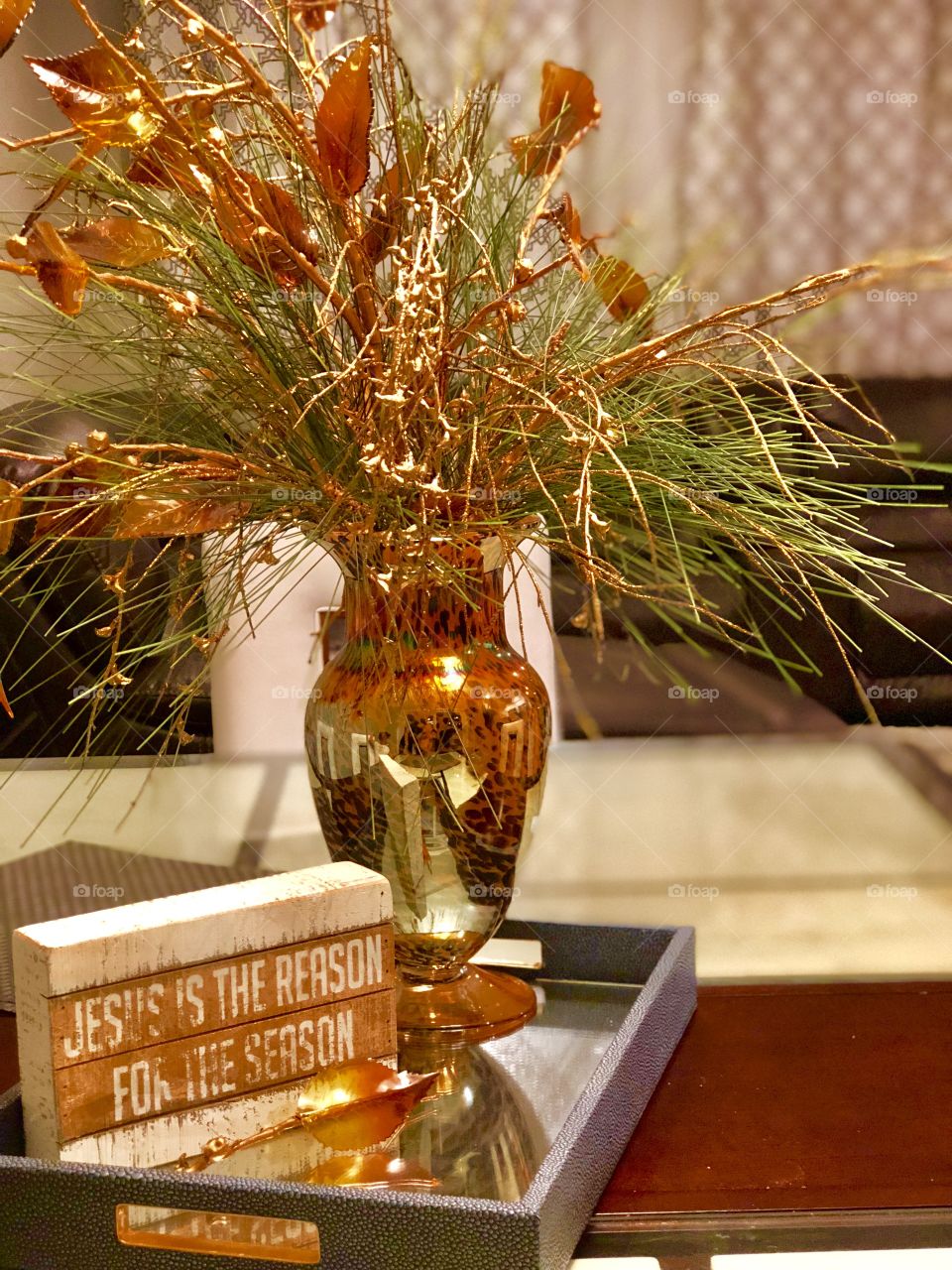 Table decor, gold bace with a sight, Jesus is the reason for the season 