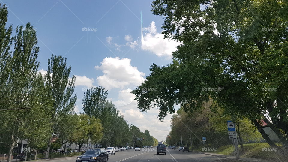 beautiful green road view in spring with clouds