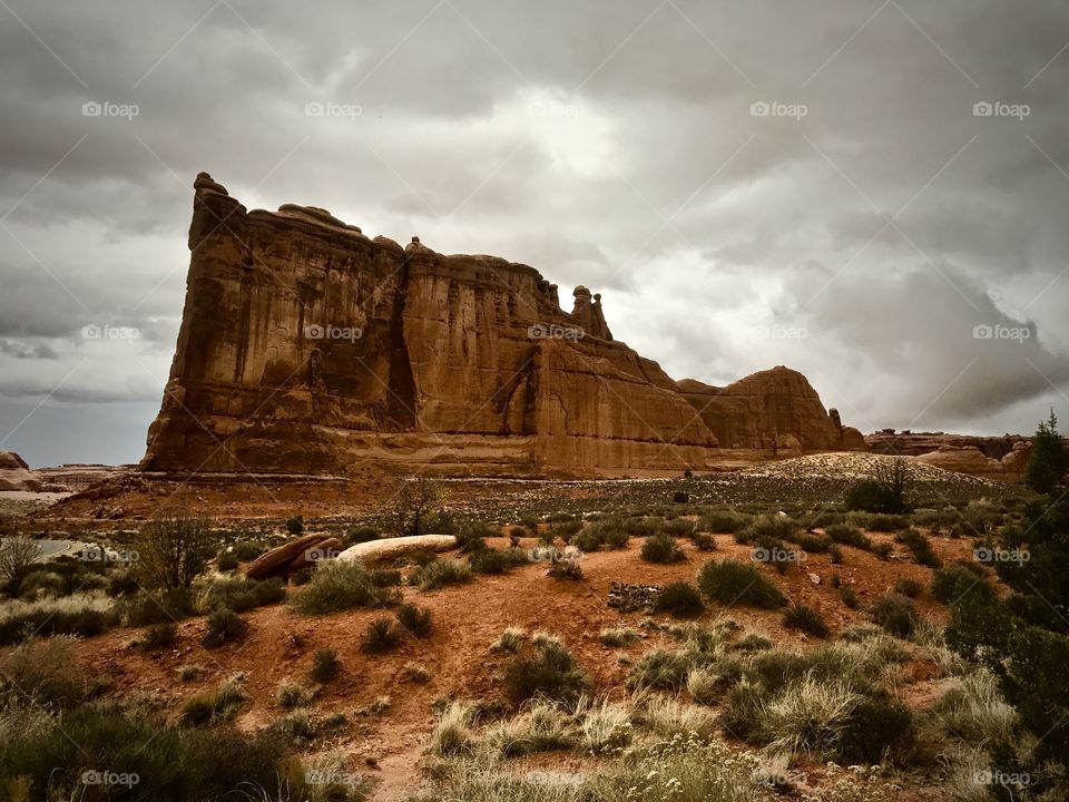 Scenery at Arches National Park in Utah on a cloudy day