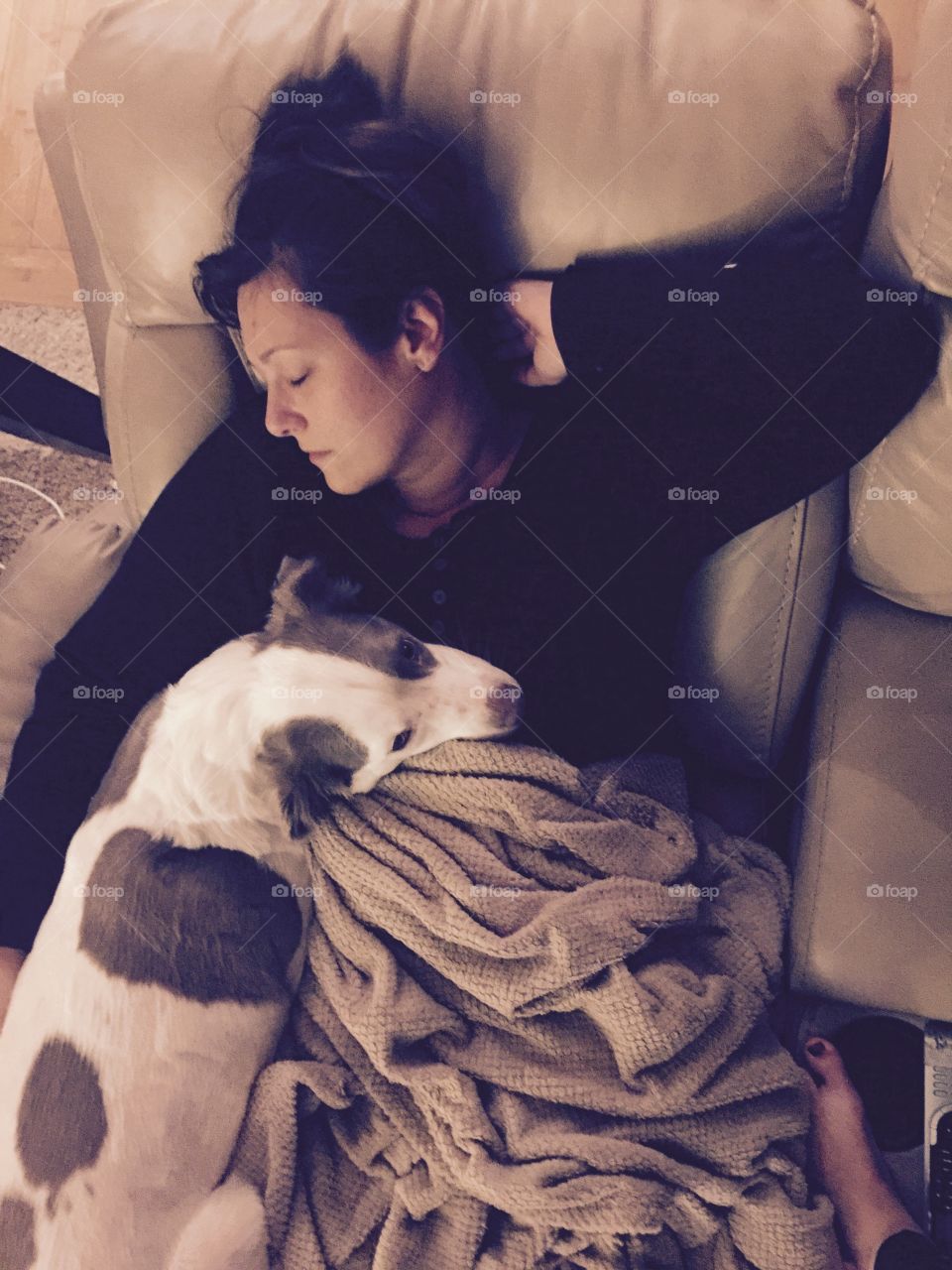 Elevated view of woman and pet dog sleeping