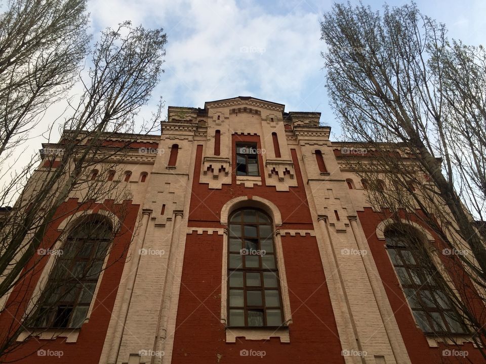 An old red and white building in Kyiv