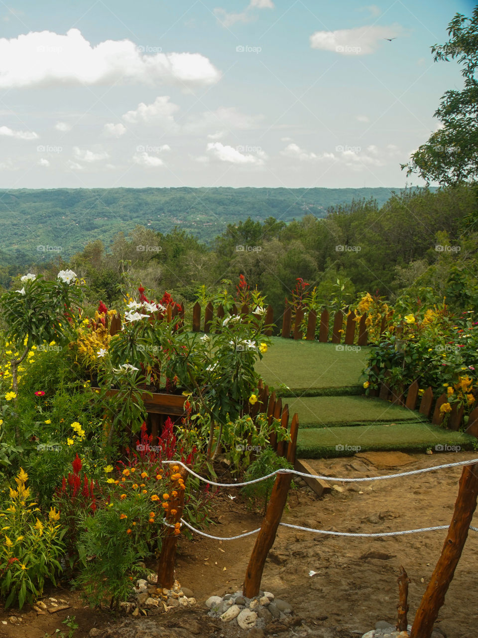 Artificial garden on the mountain. Edited on exposure, highlight, white balance, color, shadow