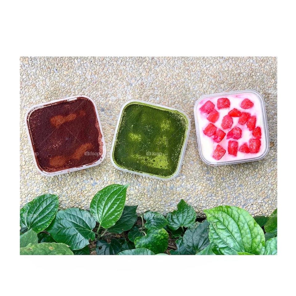 3 tiramisu flavours in an outdoor setting - classic, match and red ruby