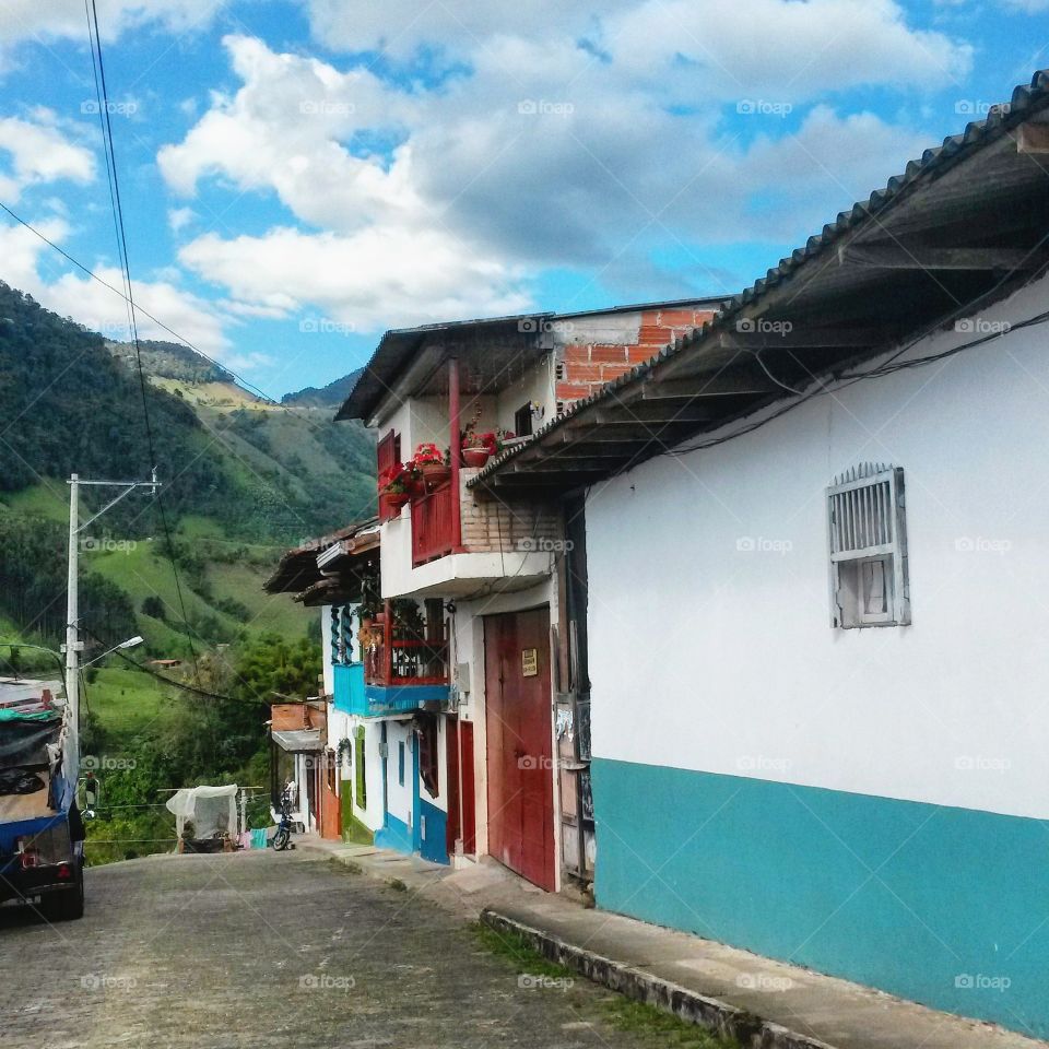 Colourful street in Colombian colonial village