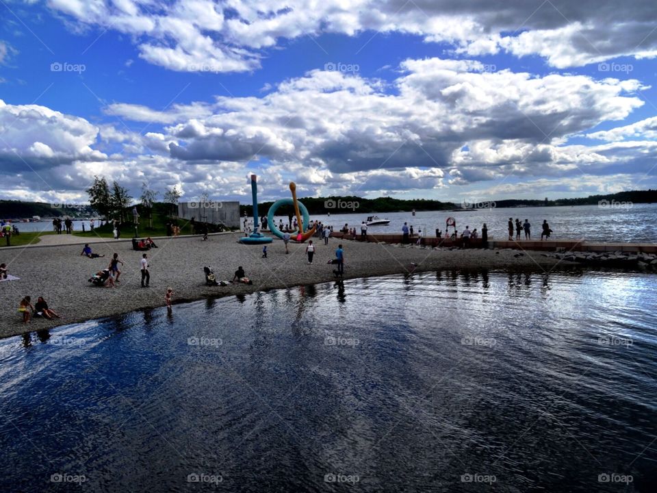 Tjuvholmen. The beach in the city in Oslo, Norway.