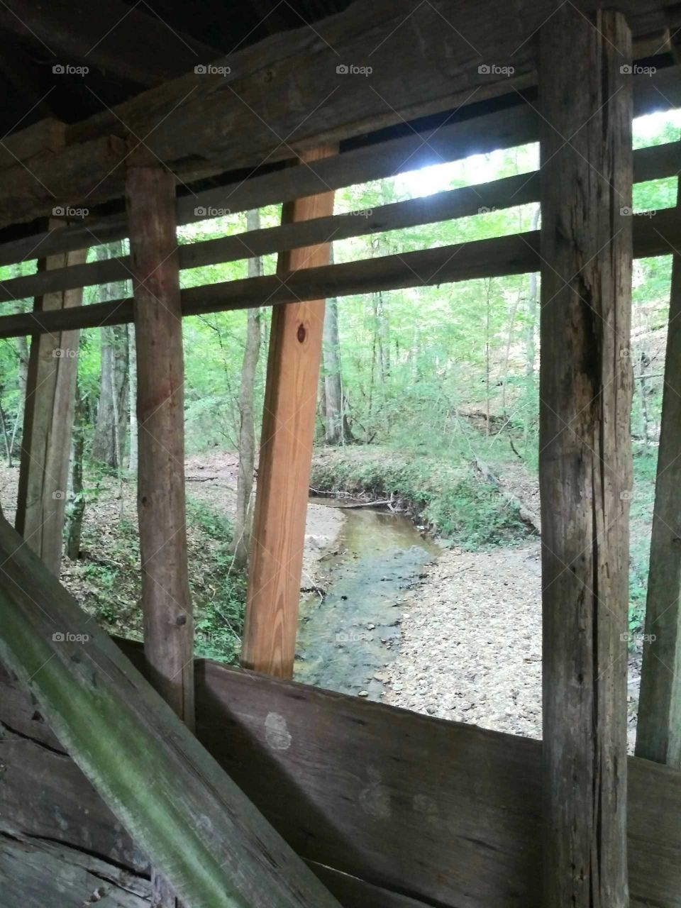creek through a covered bridge