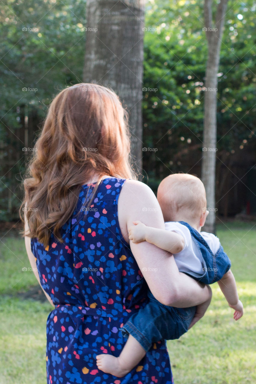 Mother and son in the backyard 