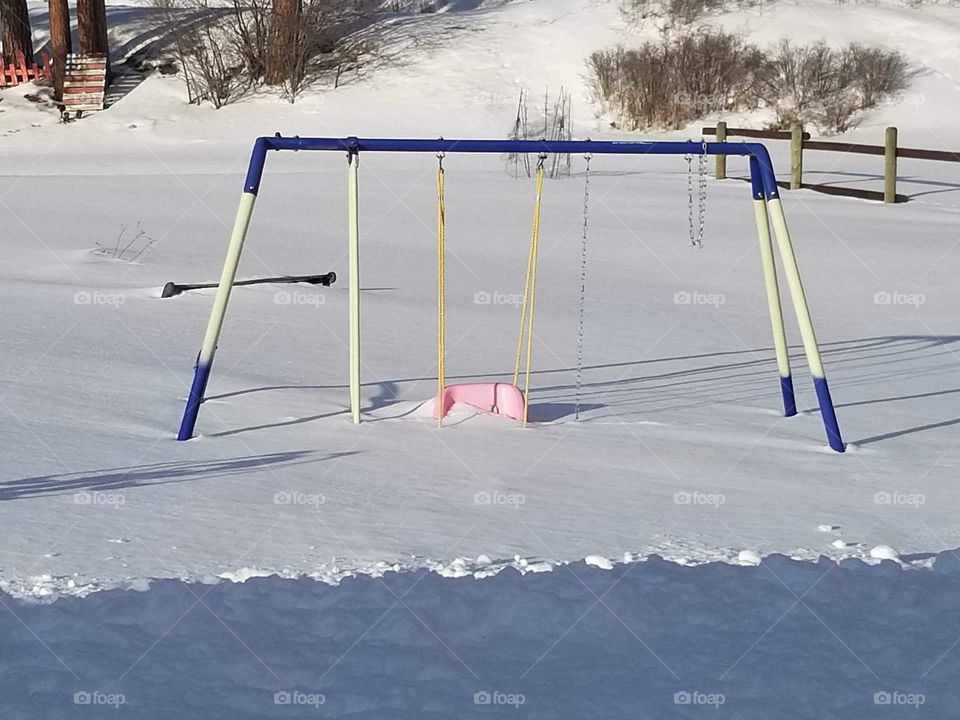 swing set, snow, snow day, buried in snow, post blizzard, sun, winter sun