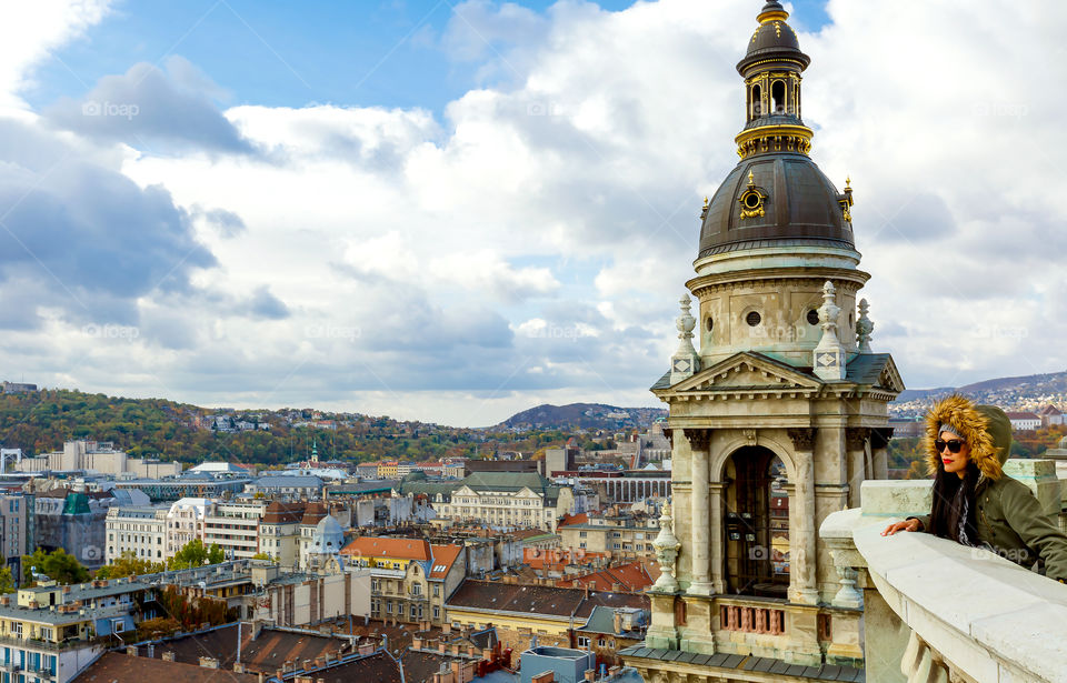 Female tourist and city view of Budapest 