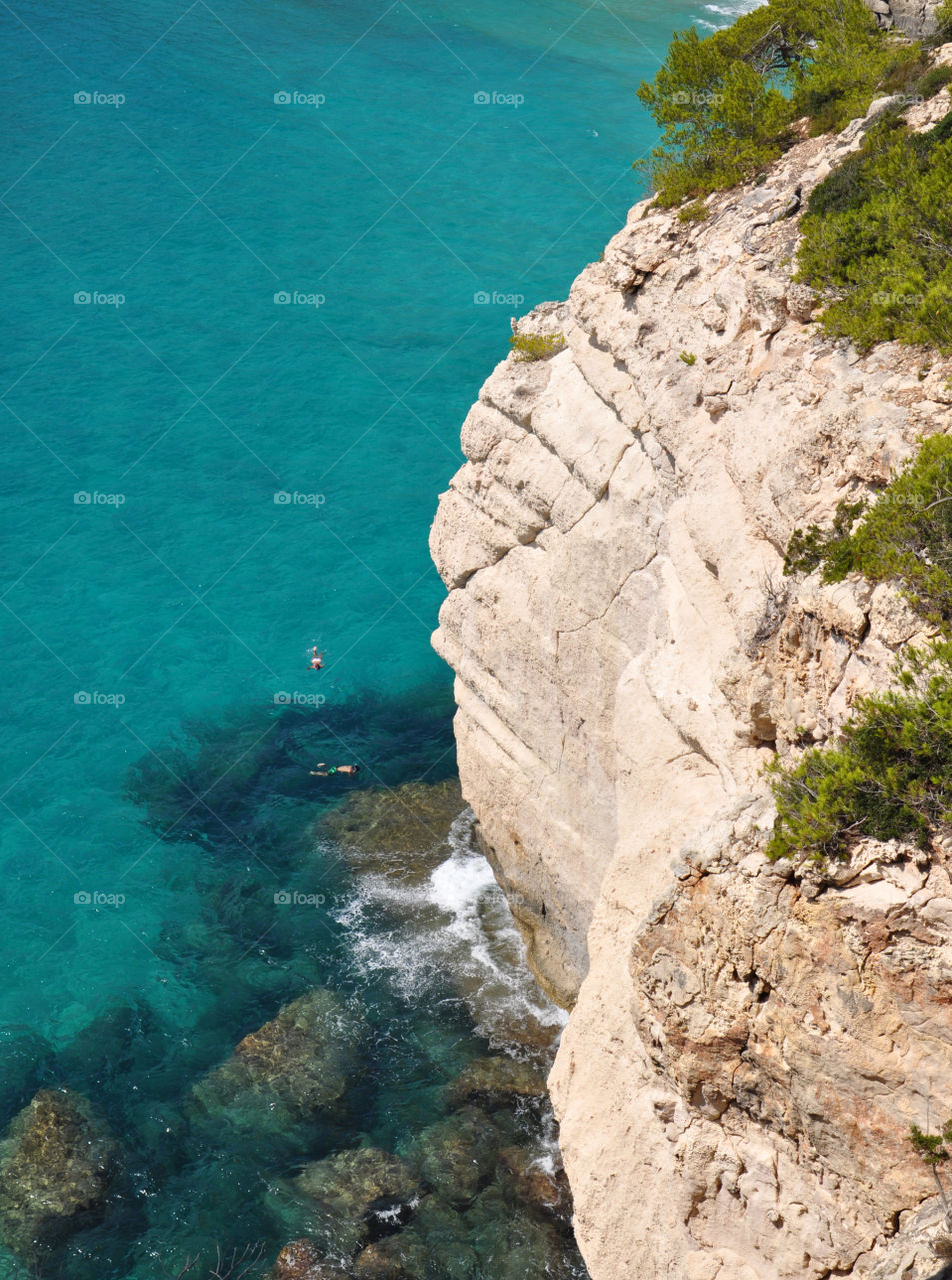 High angle view of two people swimming in sea