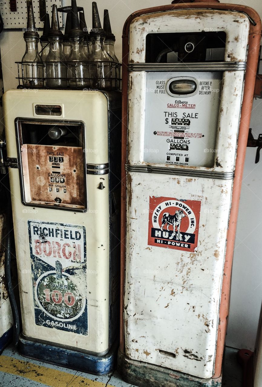Vintage gas pumps from a bygone era. Ahh! To be on the road again! Road trip. 