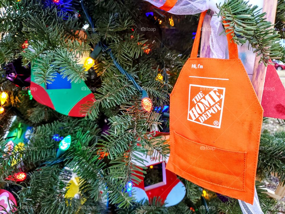 Close up of a Home Depot theme decorated Christmas tree