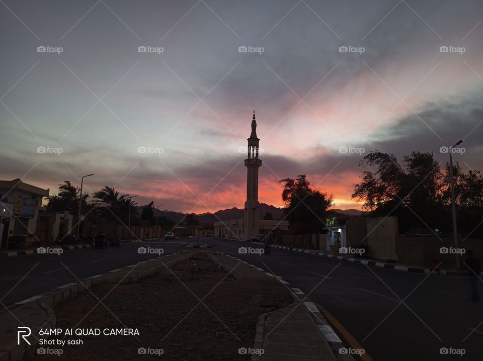 sunset mosque road view